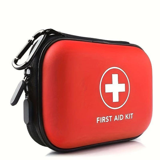 Red first aid kit pouch with black zipper and white cross emblem
