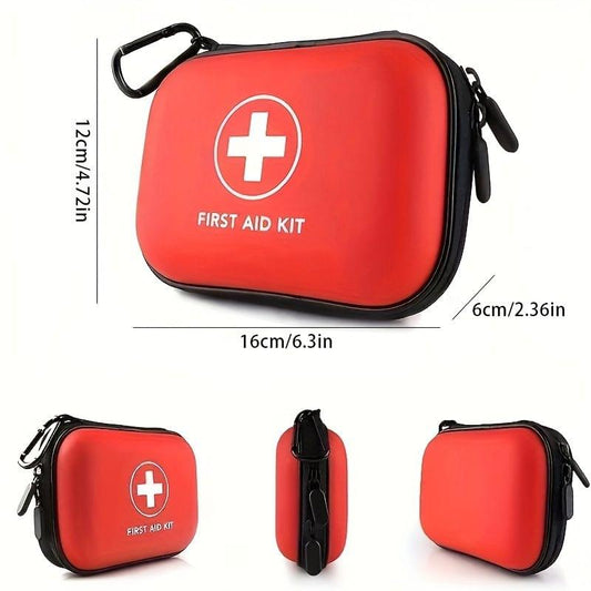 Red first aid kit pouch with white cross, carabiner loop, and size proportions