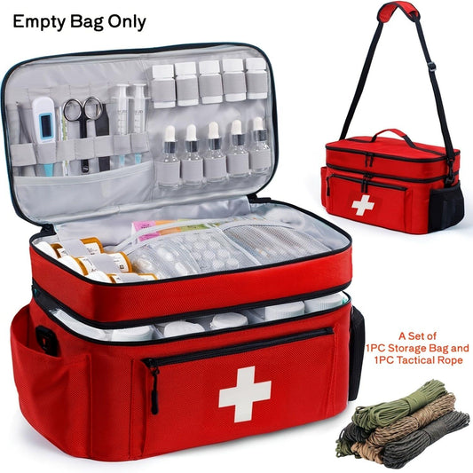 Red first aid kit bag open with internal compartments, zip closure, and cross emblem