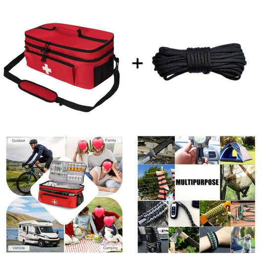 Red first aid kit bag with shoulder strap and white cross emblem; includes black rope