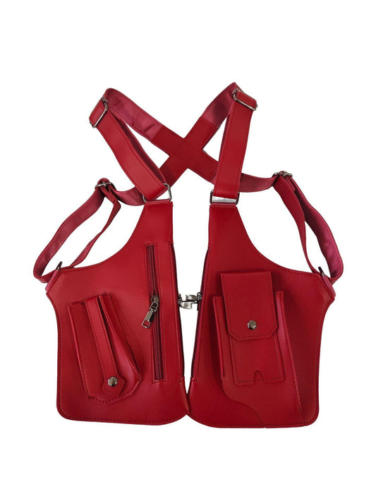 Red tactical chest rig bag with cross straps and two front pouches