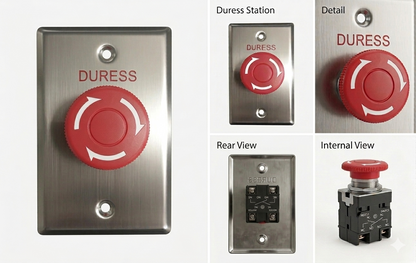 Red Switch plate, Wall, Labelled "Duress", Stainless steel, With red twist to release push button, N/O and N/C contacts