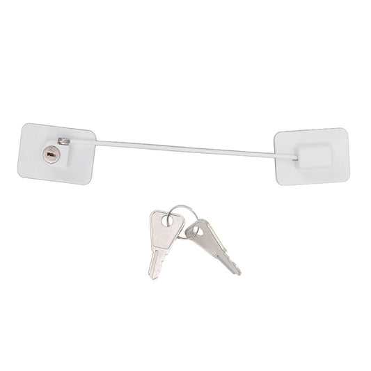 White childproof refrigerator lock with keys and long connector strap