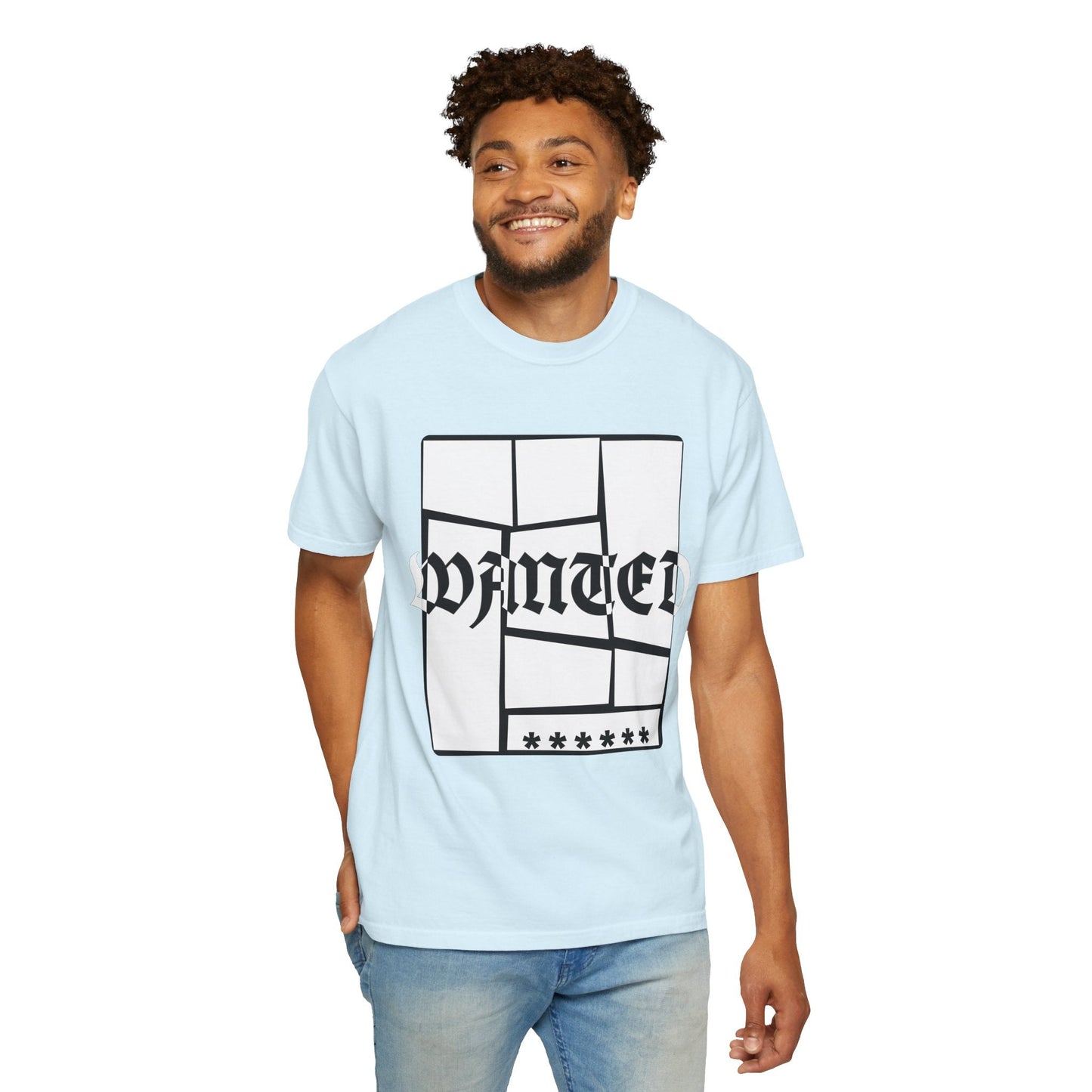 Wanted Graphic Tee Window Grid Design with wanted printed Tees