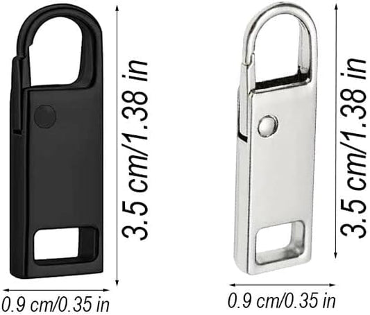 Removable zipper pull with measurements for black and silver versions