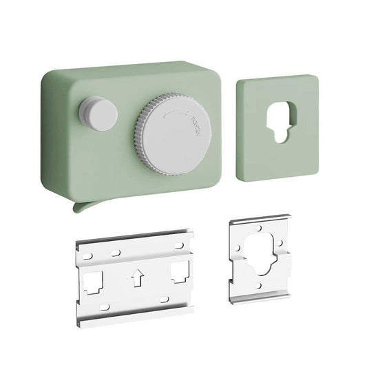 Wall-mounted retractable clothes line kit: green housing, dial, and mounting plates