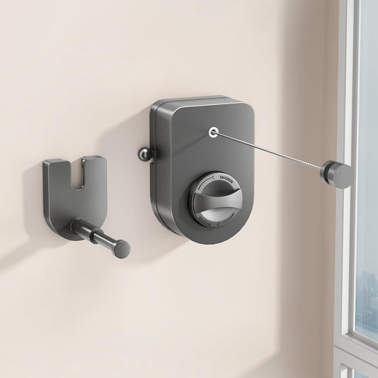 Wall-mounted retractable clothesline reel with gray housing and taut wire line.