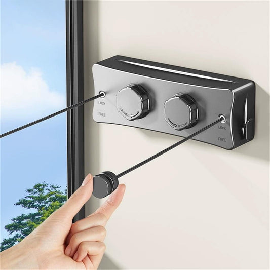 Wall-mounted retractable twin clothesline with two line spools and lock knobs