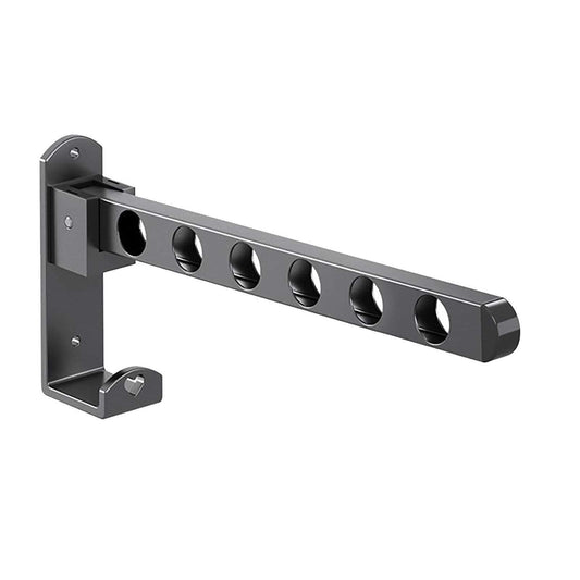 Retractable folding wall clothes hanger rack with six oval hooks, dark gray metal