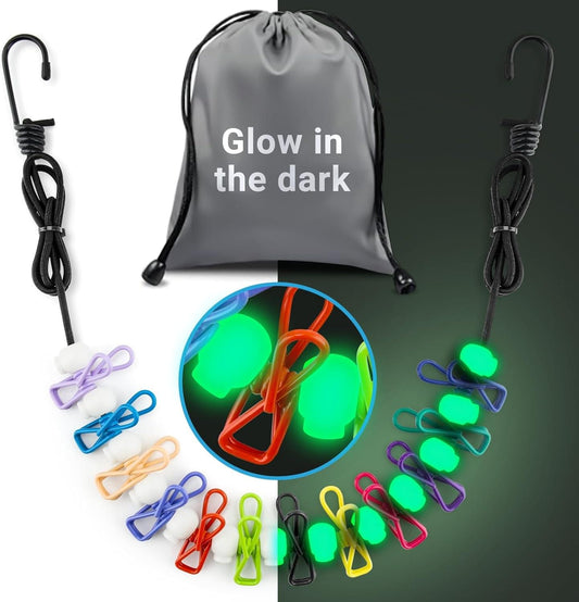 Portable clothesline kit in drawstring bag with glowing multicolor clips and rope hooks