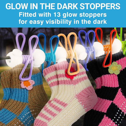 Retractable Travel Clothesline - Glow in The Dark Portable Clothes Line - 7.5ft/2.2m Camping Clotheslines for Outside, Hotel Room or Cruise - Laundry Line, Clothes Drying Line, Clothing Line Outdoor