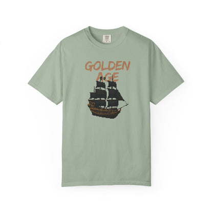 Golden Age Retro Pixel Art Pirate Ship Graphic Tee | Unisex Comfort Colors 1717  Designed By Aprasi