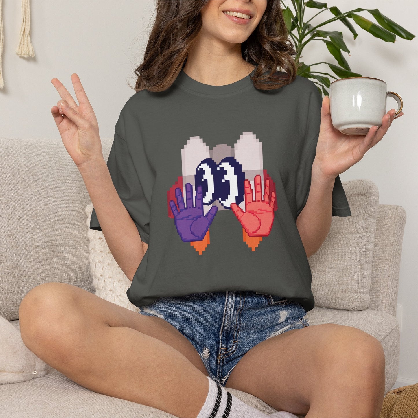 Retro Pixel Mechanical Hands Graphic Tee Garment Dyed Pixel Art Streetwear Shirt  Designed by Aprasi  S to 3XL