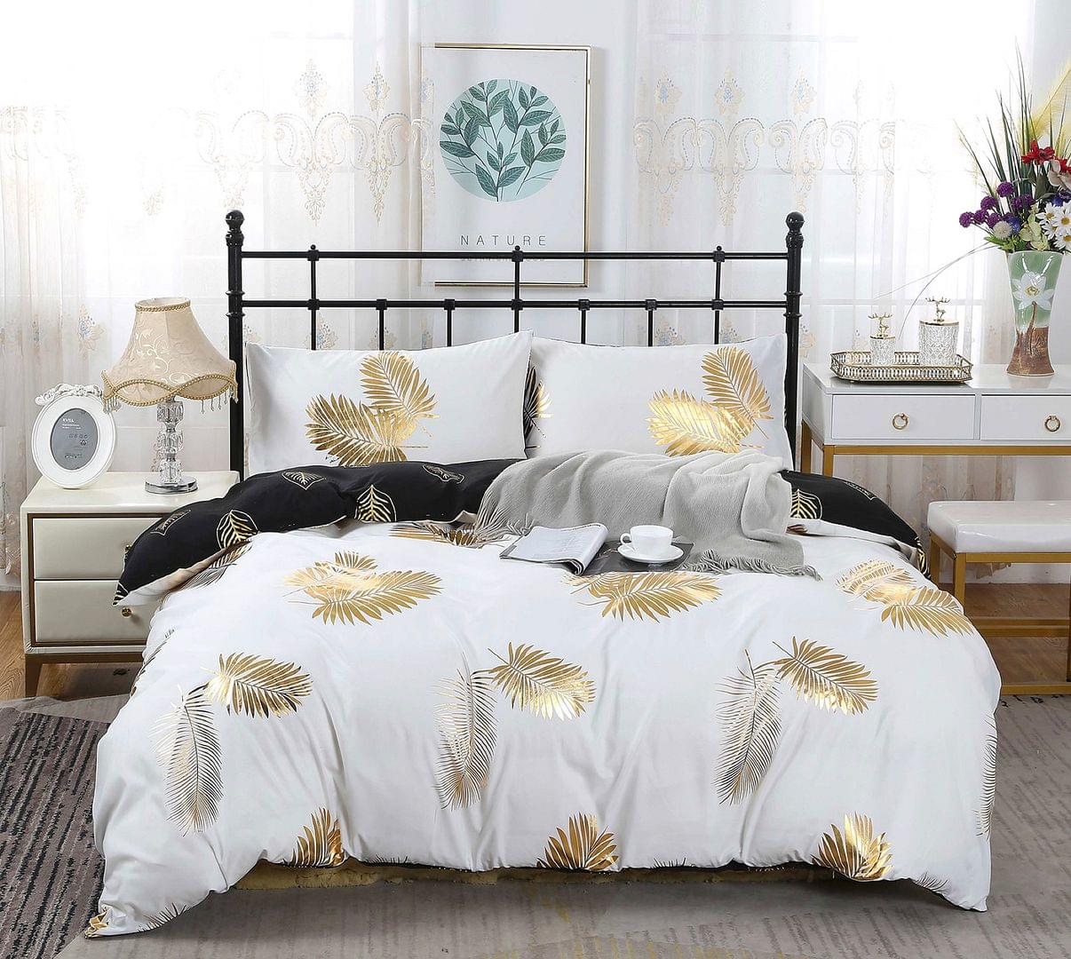 Reversible queen bed quilt set, white fabric with gold leaf and palm print