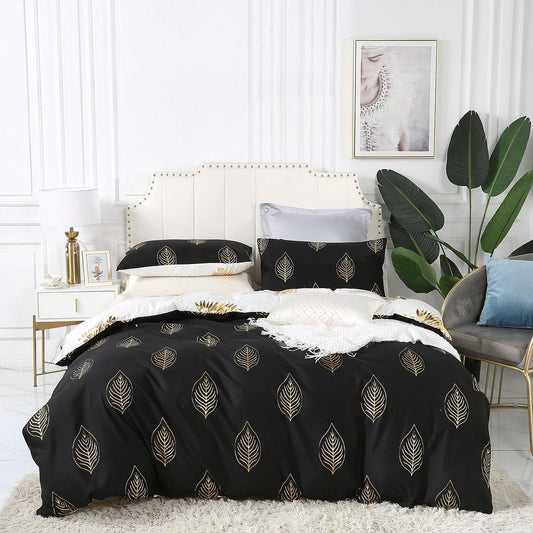 Reversible super king duvet cover set, black with gold leaf print and matching pillows