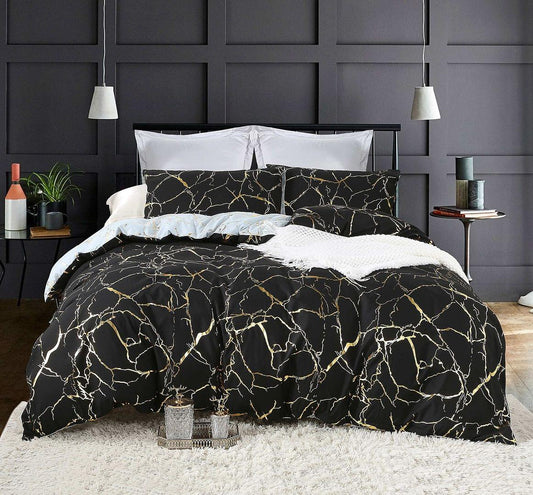 Reversible black duvet quilt cover set with gold marble line pattern, super king size