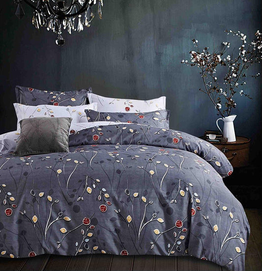 Queen duvet quilt cover set with navy-blue botanical branch print and colorful berries