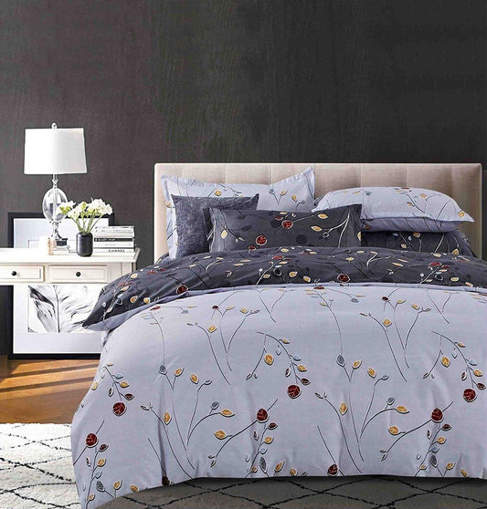Queen duvet quilt cover set with blue botanical branch print and red berry accents