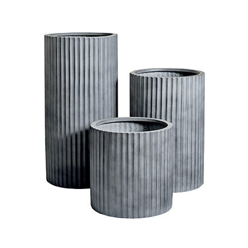 Charcoal grey ribbed planters, three cylindrical pots with vertical fluted sides