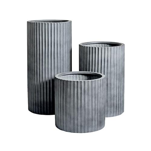 Charcoal grey ribbed planters, three cylindrical pots with vertical fluted sides