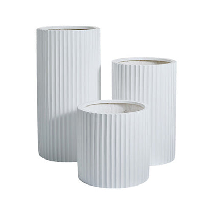 Ribbed plant pot set in white with three cylindrical planters