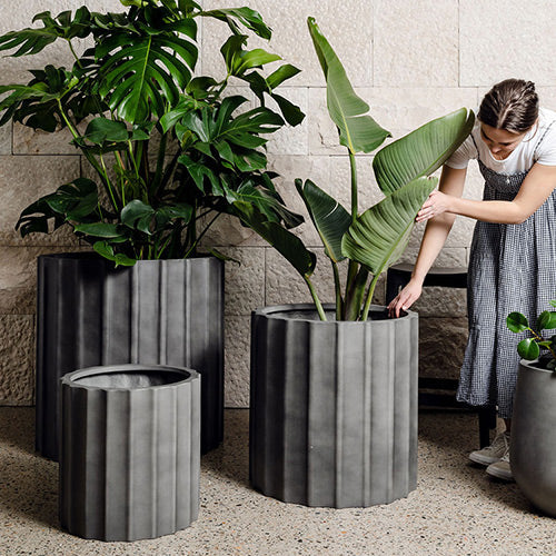 Ribbed planter set, dark grey cylindrical pots with vertical ridges and flat rims