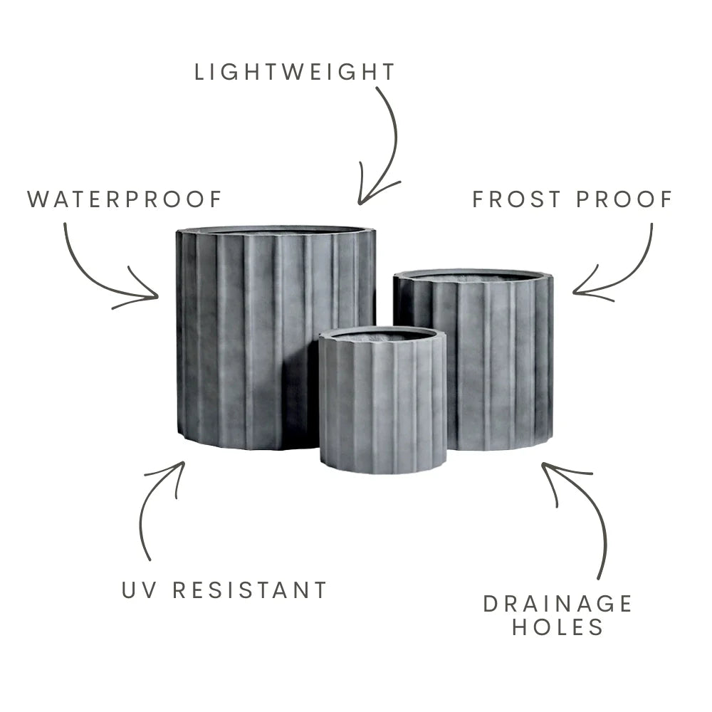 Ribbed planter set with drainage holes; UV resistant, waterproof, frost proof