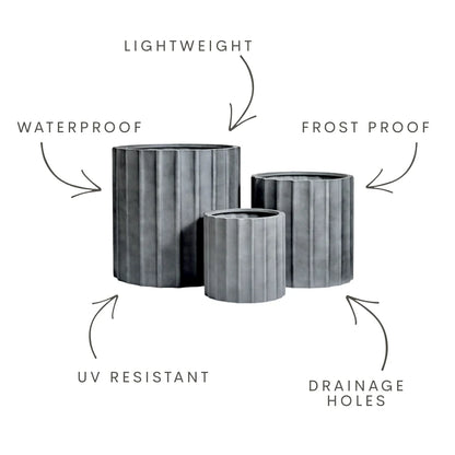 Ribbed planter set with drainage holes; UV resistant, waterproof, frost proof