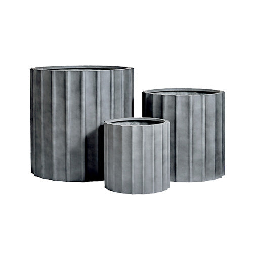 Ribbed planter set in dark charcoal, three cylindrical pots with vertical ridges
