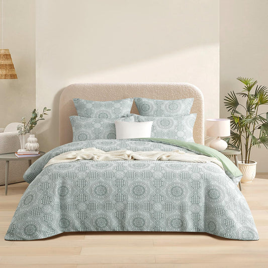 Sage jacquard king quilt cover set with circular pattern; includes matching pillow covers