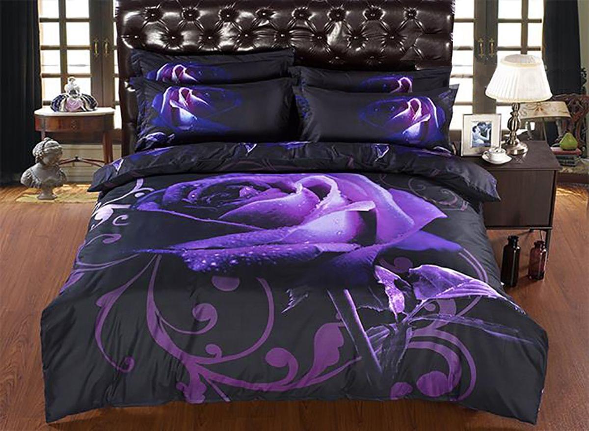 Double duvet cover set with purple rose and swirl pattern on dark fabric