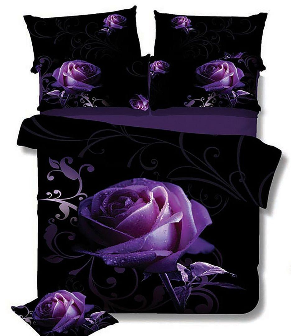 Double duvet cover set with two black pillow covers, purple rose print