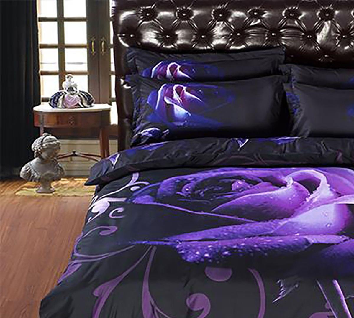 Double duvet cover set with large purple rose motifs on dark base