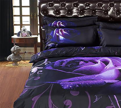 Double duvet cover set with large purple rose motifs on dark base