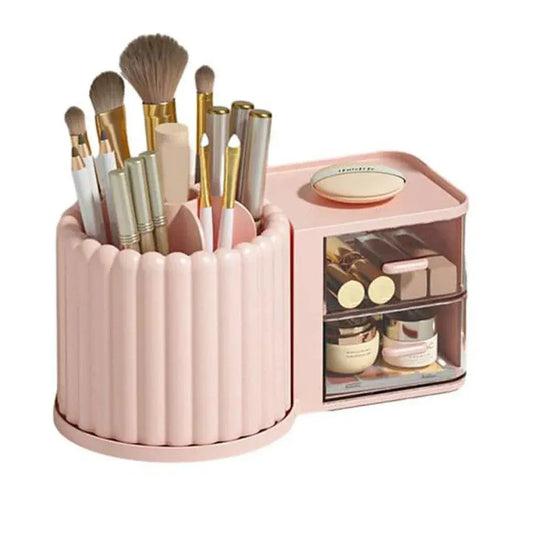 Pink rotating cosmetic pen holder with clear side storage box and top lid