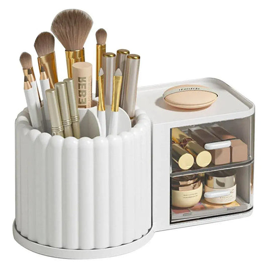 White rotating cosmetic pen holder with makeup brushes and clear stacked storage box