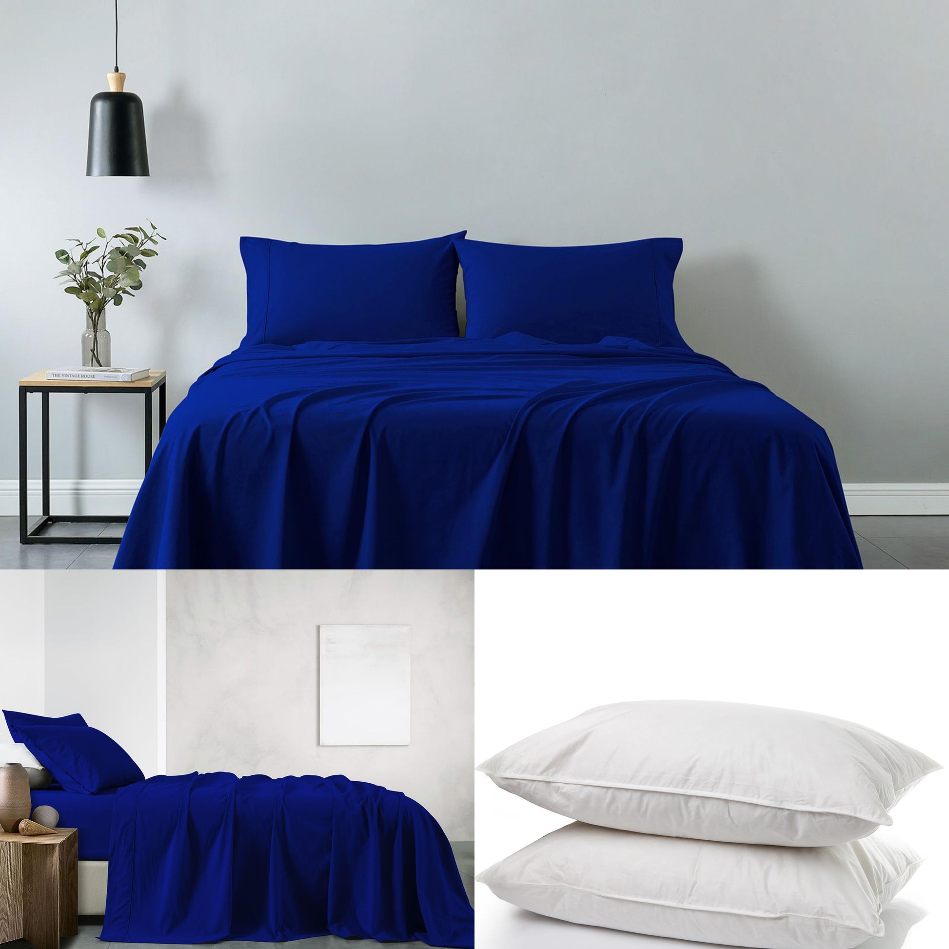 Royal blue sheet set on double bed with two matching pillows