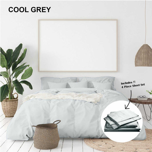 Cool grey king 4-piece sheet set with folded sheets and pillowcases.