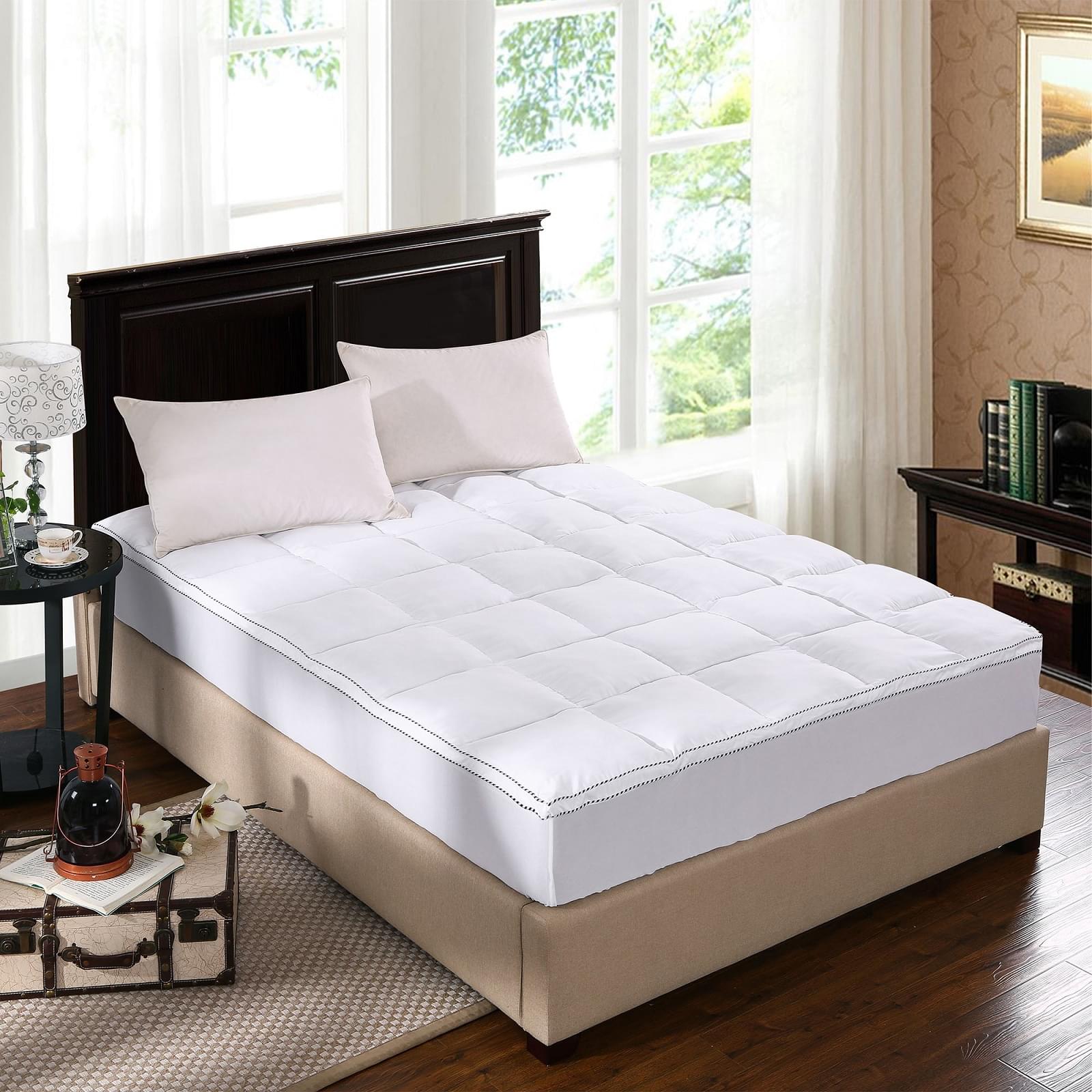 White queen mattress pad topper cover with piped border
