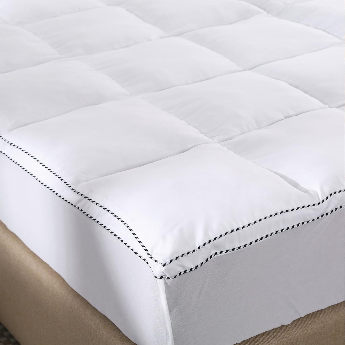 White mattress pad topper cover corner with piped trim and box quilting