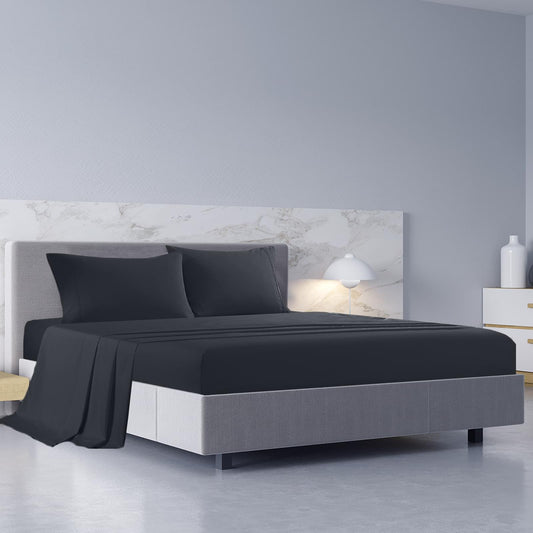 Charcoal bamboo cotton sheets on a king bed with matching pillowcases