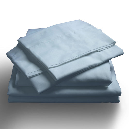 Light blue queen sheet set with stacked flat sheets and matching pillowcases