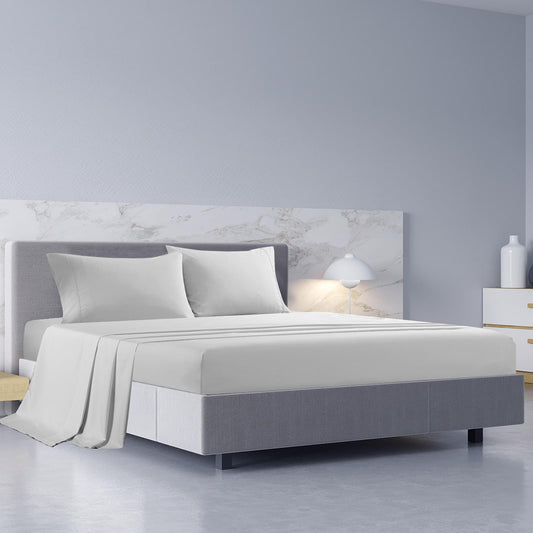 Queen cool grey sheet set with pillowcases on bed