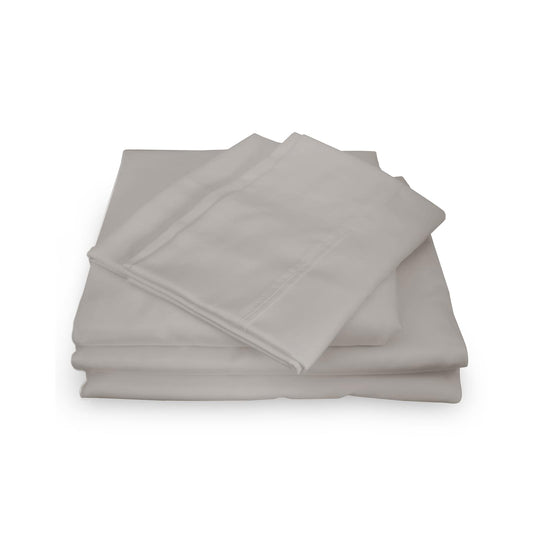 Queen sheets and pillowcases set in dove light gray, neatly folded stack