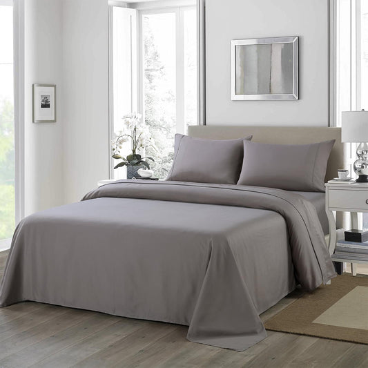 Charcoal sheet set with pillowcases and draped bed top with side folds