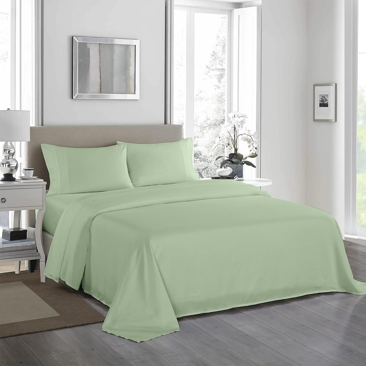 Royal Comfort 1200 Thread Count Sheet Set 4 Piece Ultra Soft Satin Weave Finish - King - Sage Green.