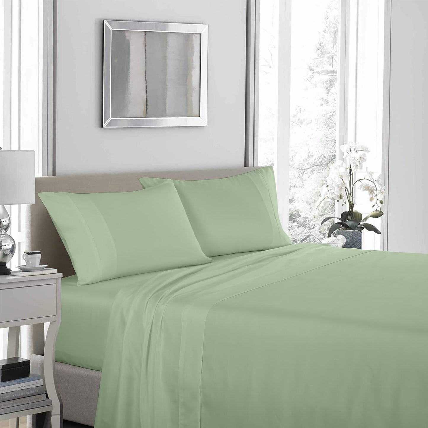 Royal Comfort 1200 Thread Count Sheet Set 4 Piece Ultra Soft Satin Weave Finish - King - Sage Green.