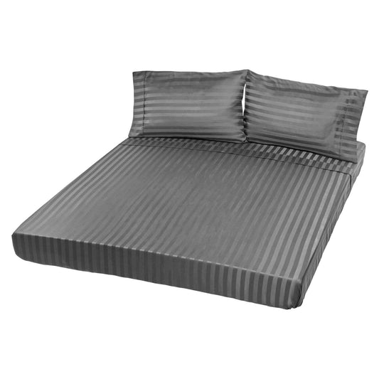 Queen sheet set with charcoal gray striped fitted sheet and matching pillowcases