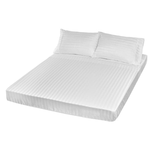 Queen white striped sheet set with two pillowcases, flat sheet