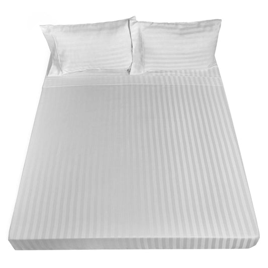 Queen white striped sheet set with two pillowcases, flat top sheet shown